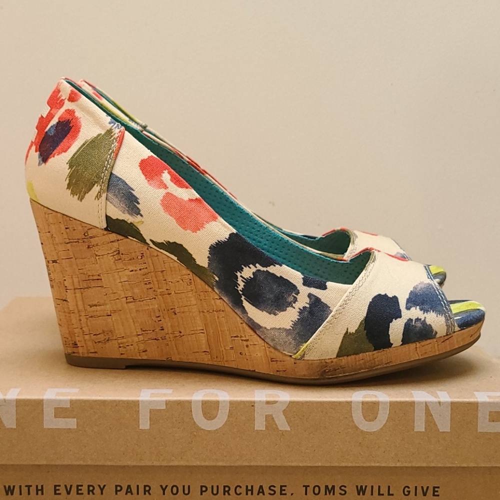 Toms multi color peep toe wedges